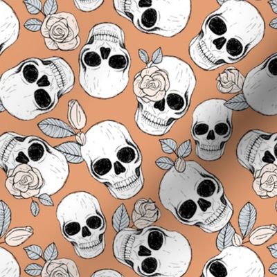 Day of the dead - Skulls and roses halloween skeleton design boho style gray beige on burnt orange