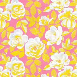 Yellow and White Pop Art Roses on Pink - large