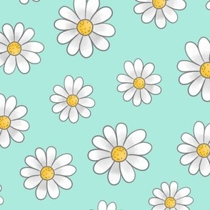 White Daisy Flowers with outline on mint - medium scale