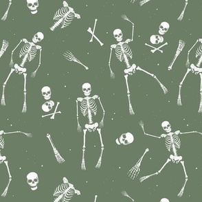 Day of the dead - Realistic skeleton freehand sketched bones hands feet and skulls halloween horror pattern green olive 