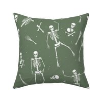 Day of the dead - Realistic skeleton freehand sketched bones hands feet and skulls halloween horror pattern green olive LARGE