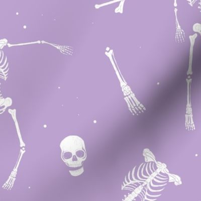 Day of the dead - Realistic skeleton freehand sketched bones hands feet and skulls halloween horror pattern lilac purple LARGE