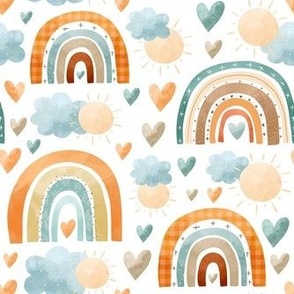 Medium Scale Neutral Boho Nursery Sunshine Hearts and Rainbows on White