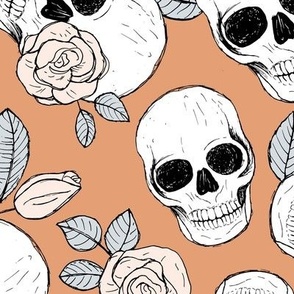 Day of the dead - Skulls and roses halloween skeleton design boho style gray beige on burnt orange LARGE