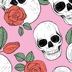 Day of the dead - Skulls and roses halloween skeleton design boho style red green pink LARGE