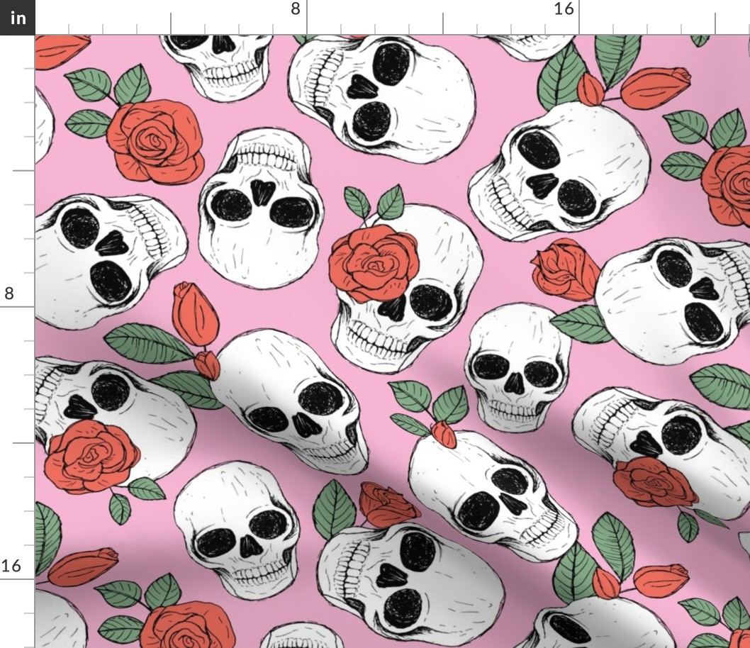 Day of the dead - Skulls and roses halloween skeleton design boho style red green pink LARGE