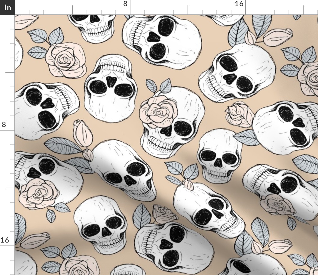 Day of the dead - Skulls and roses halloween skeleton design boho style beige gray tan LARGE