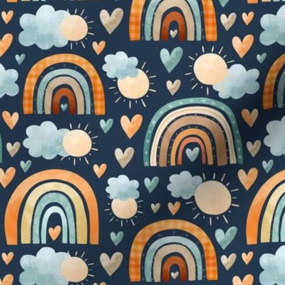 Medium Scale Neutral Boho Nursery Sunshine Hearts and Rainbows on Navy