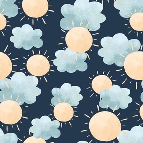 Large Scale Neutral Boho Nursery Sunshine and Clouds on Navy