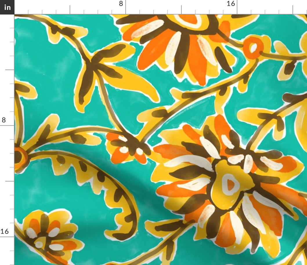 Vintage vines retro floral watercolor bright teal large scale