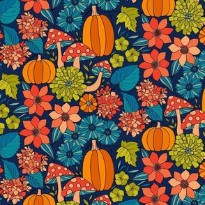 Retro Autumn Floral Curtains with mushrooms and Halloween Pumpkin on Dark Blue Medium