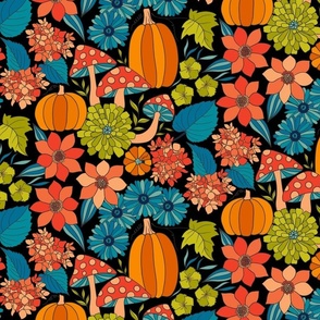 Retro Autumn Floral Curtains with mushrooms and Halloween Pumpkin on Black Medium