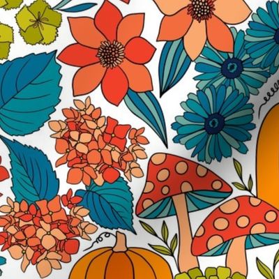 Retro Autumn Floral Curtains with mushrooms and Halloween Pumpkin on White Medium