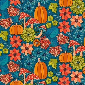 Retro Autumn Floral Curtains with mushrooms and Halloween Pumpkin on Blue Medium