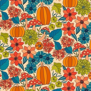 Retro Autumn Floral Curtains with mushrooms and Halloween Pumpkin on Beige Medium