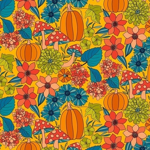 Retro Autumn Floral Curtains with mushrooms and Halloween Pumpkin on Yellow Medium