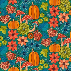 Retro Autumn Floral Curtains with mushrooms and Halloween Pumpkin on Green Medium