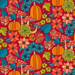 Retro Autumn Floral Curtains with mushrooms and Halloween Pumpkin on fuchsia red Medium