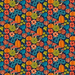 Retro Autumn Floral Curtains with mushrooms and Halloween Pumpkin on Dark Blue Small