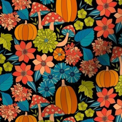 Retro Autumn Floral Curtains with mushrooms and Halloween Pumpkin on Black Small