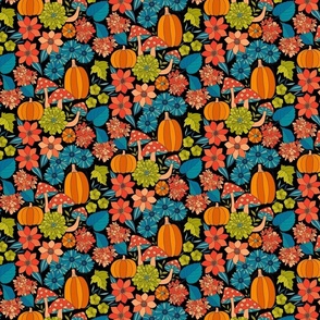 Retro Autumn Floral Curtains with mushrooms and Halloween Pumpkin on Black Small