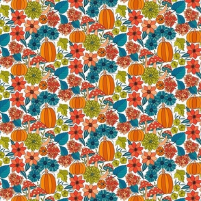 Retro Autumn Floral Curtains with mushrooms and Halloween Pumpkin on White Small