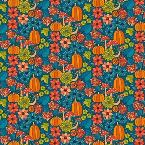 Retro Autumn Floral Curtains with mushrooms and Halloween Pumpkin on Blue Small