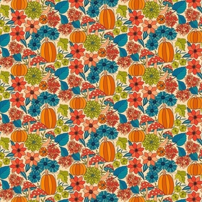 Retro Autumn Floral Curtains with mushrooms and Halloween Pumpkin on Beige Small
