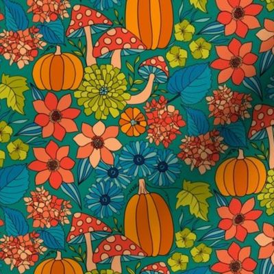 Retro Autumn Floral Curtains with mushrooms and Halloween Pumpkin on Green Small