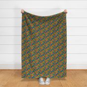 Retro Autumn Floral Curtains with mushrooms and Halloween Pumpkin on Green Small