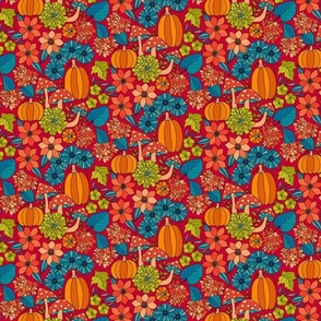Retro Autumn Floral Curtains with mushrooms and Halloween Pumpkin on fuchsia red Small