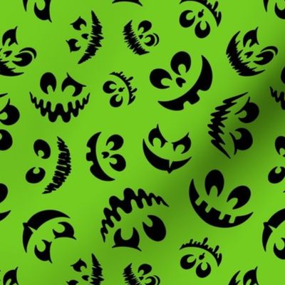 Medium Scale Creepy Jackolantern Halloween Pumpkin Faces Black on Lime Green