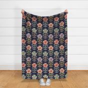 Colourful orange, pink, purple, blue retro floral with dots on navy blue - large