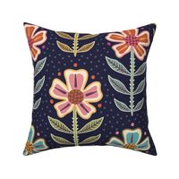 Colourful orange, pink, purple, blue retro floral with dots on navy blue - large