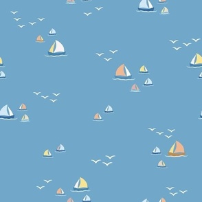 Pastel colored Sailboats and seagulls On a Blue Ocean