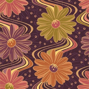 Retro Daisies - Burgundy, Orange, Pink, Olive, Gold