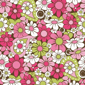 70s Funky Flower Field // Magenta, Pink, Green, Dark Brown, White // V1 // JUMBO Scale - 150 DPI