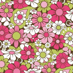 70s Funky Flower Field // Magenta, Pink, Green, Dark Brown, White // V2 // 400 DPI