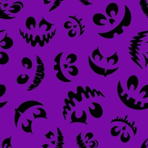 Large Scale Creepy Jackolantern Halloween Pumpkin Faces Black on Purple