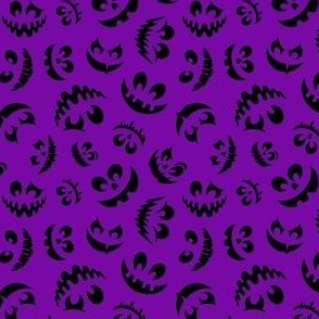 Small Scale Creepy Jackolantern Halloween Pumpkin Faces Black on Purple