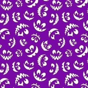 Small Scale Creepy Jackolantern Halloween Pumpkin Faces White on Purple