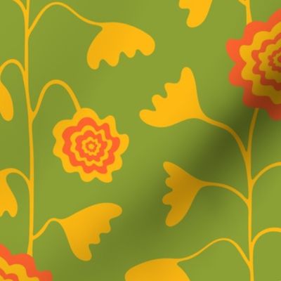 Nectar Boho Floral Vertical in Yellow Orange on Bright Green - SMALL Scale - UnBlink Studio by Jackie Tahara