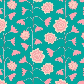 Nectar Boho Floral Vertical in Cream Pink on Aqua Turquoise - SMALL Scale - UnBlink Studio by Jackie Tahara