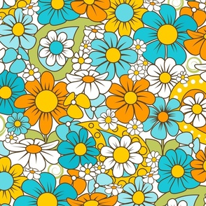 70s Funky Flower Field // Turquoise, Aqua, Orange, Yellow, Dark Brown, White // 400 DPI