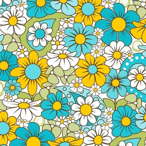 70s Funky Flower Field // Turquoise, Aqua, Yellow, Dark Brown, White // 400 DPI