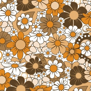70s Funky Flower Field // Rust, Taupe, Peach, Dark Brown, White // 400 DPI