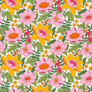 Dawn - Retro Floral - 12" large - pink, orange, yellow, and green on alabaster