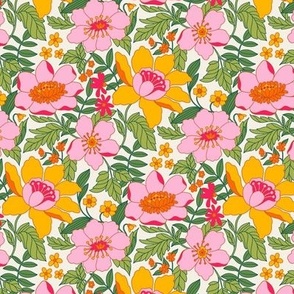 Dawn - retro floral - 6" medium - pink, orange, yellow, and green on alabaster