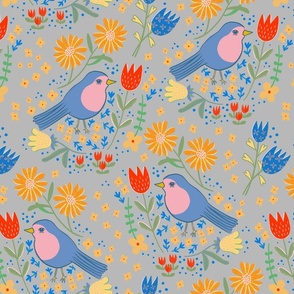 Birds and flowers - bird floral - grey - medium