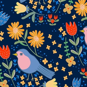 Birds and flowers - bird floral - dark purple blue - large